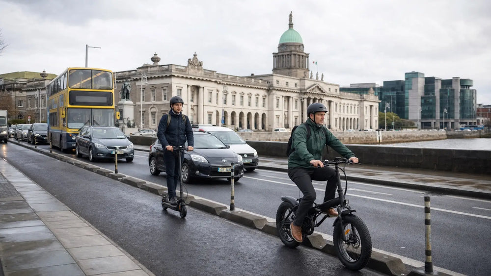 Electric scooter and folding e-bike commuters passing real Dublin traffic at the Custom House
